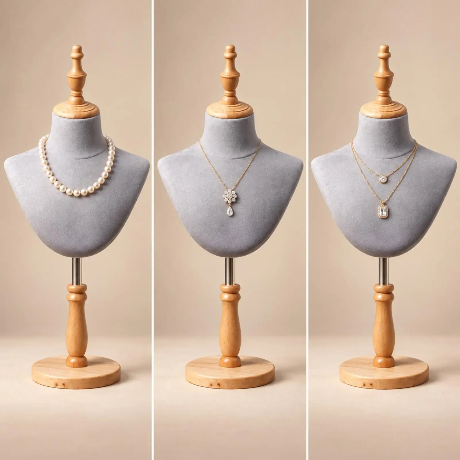 Linen Jewelry Display Neck Form Wood Stand for Necklace Holder and Bracelet Organizer with Stable Round Base
