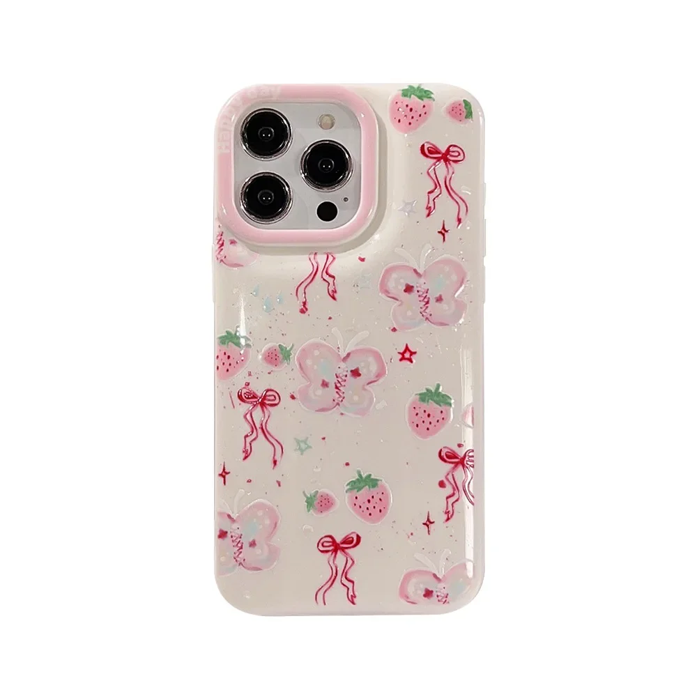 Fairy Pink strawberry butterfly bow sofa art Etui na telefon do iPhone 16 15 14 13 12 11 Pro Max Xr 14 16 Plus Etui Cute Soft Cover