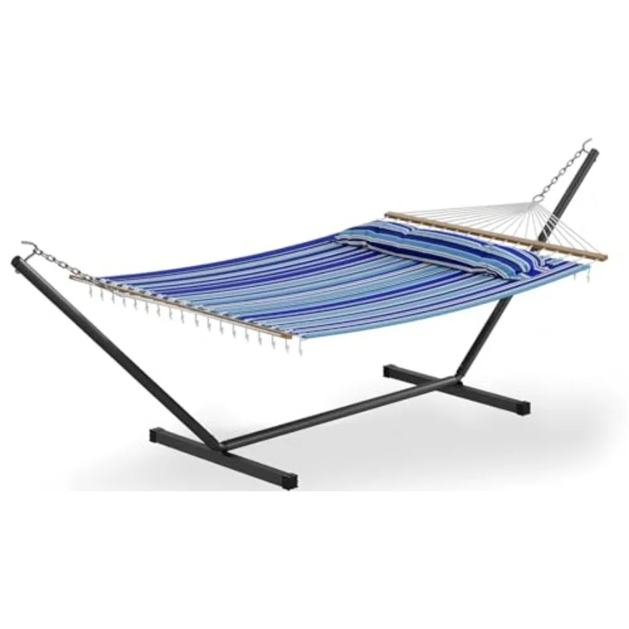 

57 Double Hammock with Heavy Duty Stand 2 Person Indoor Outdoor Hammock, Blue Cotton Fabric, Widening Design 450 LB Capacity