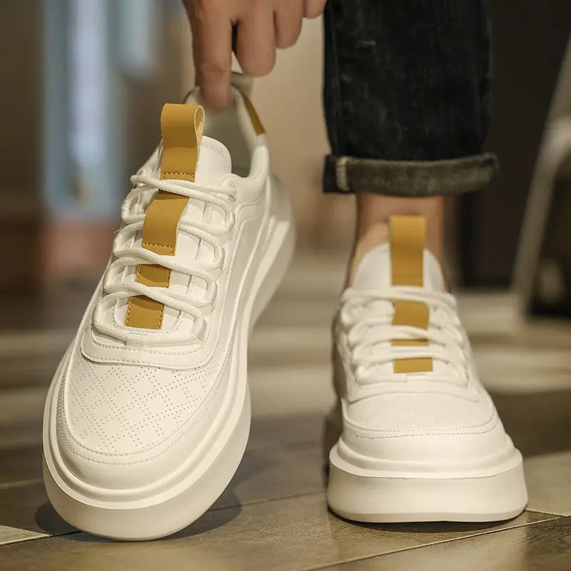Men's Small White PU Sneakers Outdoor Leather Training Loafers Casual Sport Flat Shoes Student Non-slip Thick Soled Shoes