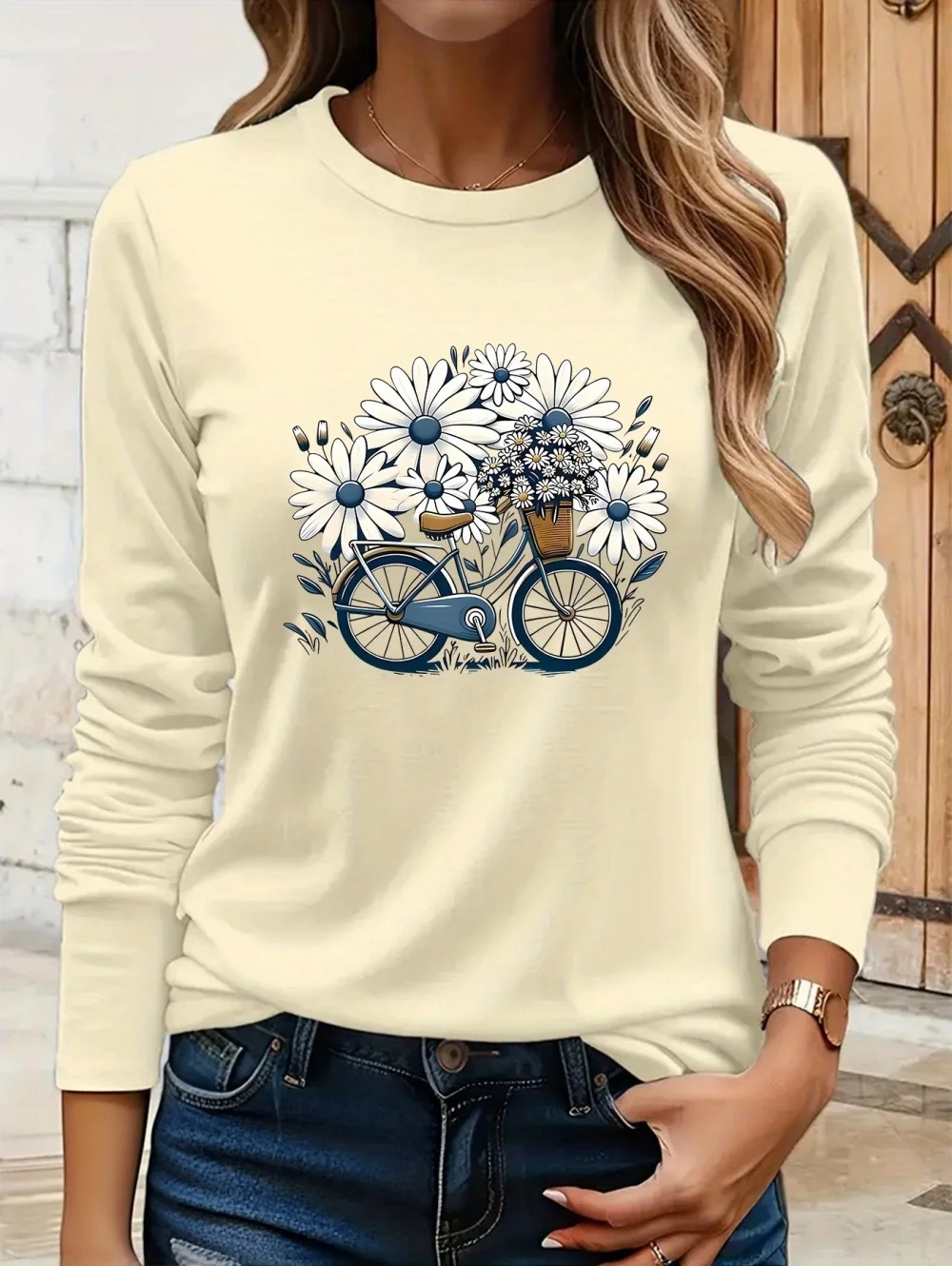 Floral Bicycle Print Women's Casual T-Shirts Graphic Tees Round Neck Tops Spring and Autumn T-Shirt Daily Wear Female Clothing