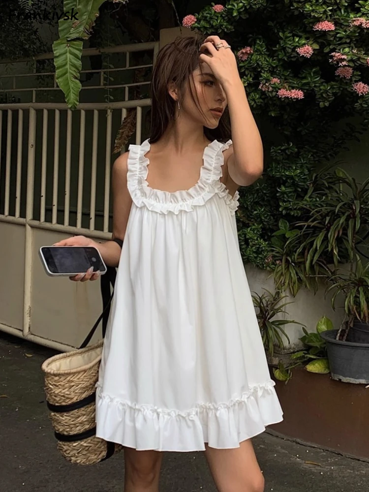 

Beach Dresses Women Solid White Chic Simple Lovely Mini Holiday College Sundress Loose Waist Summer French Style Romance Vestido