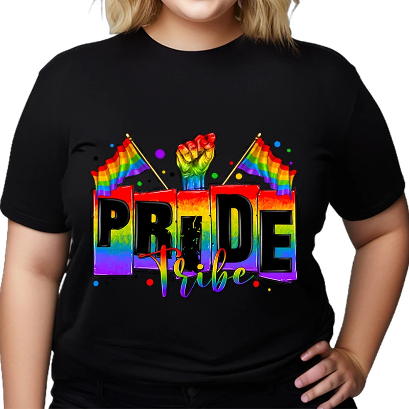 Women's Pluse Size T-shirts LGBT PREDE Tribe Printed T-shirt Gay Pride Clothes for Women Color Printing Fist Big Size Clothing