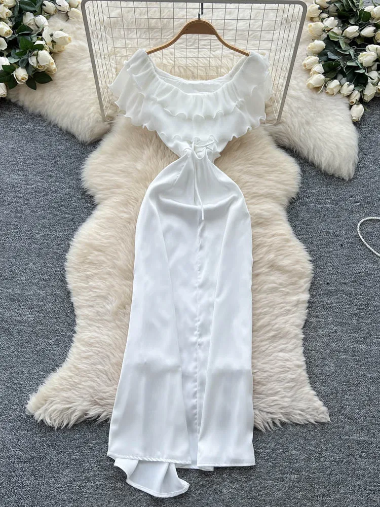 White Gown Women's Design Sense Ruffle Splice Slimming Uneven Satin Dr Korean Sle High Waist A-Line Skirt ort Sve