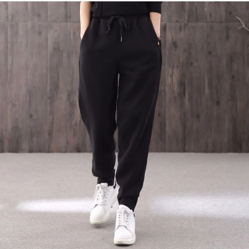 Women Autumn Winter Korean Loose Fleece Thickening Solid Color High Waist Straight Women Clothes Casual All-match Sweatpants