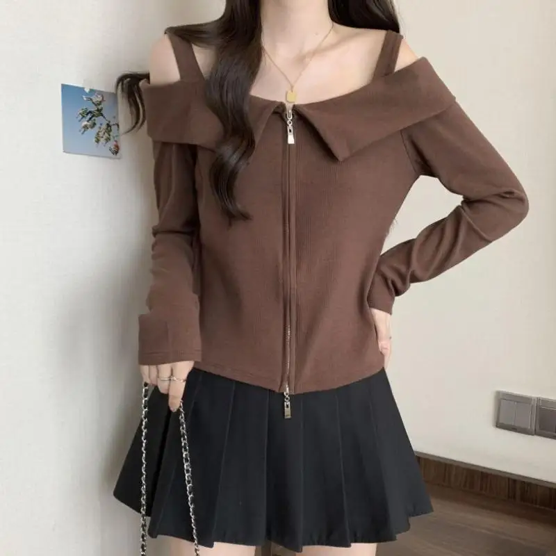 

Новая горячая и пряная футболка на одно плечо, топ с длинными рукавами и молнией