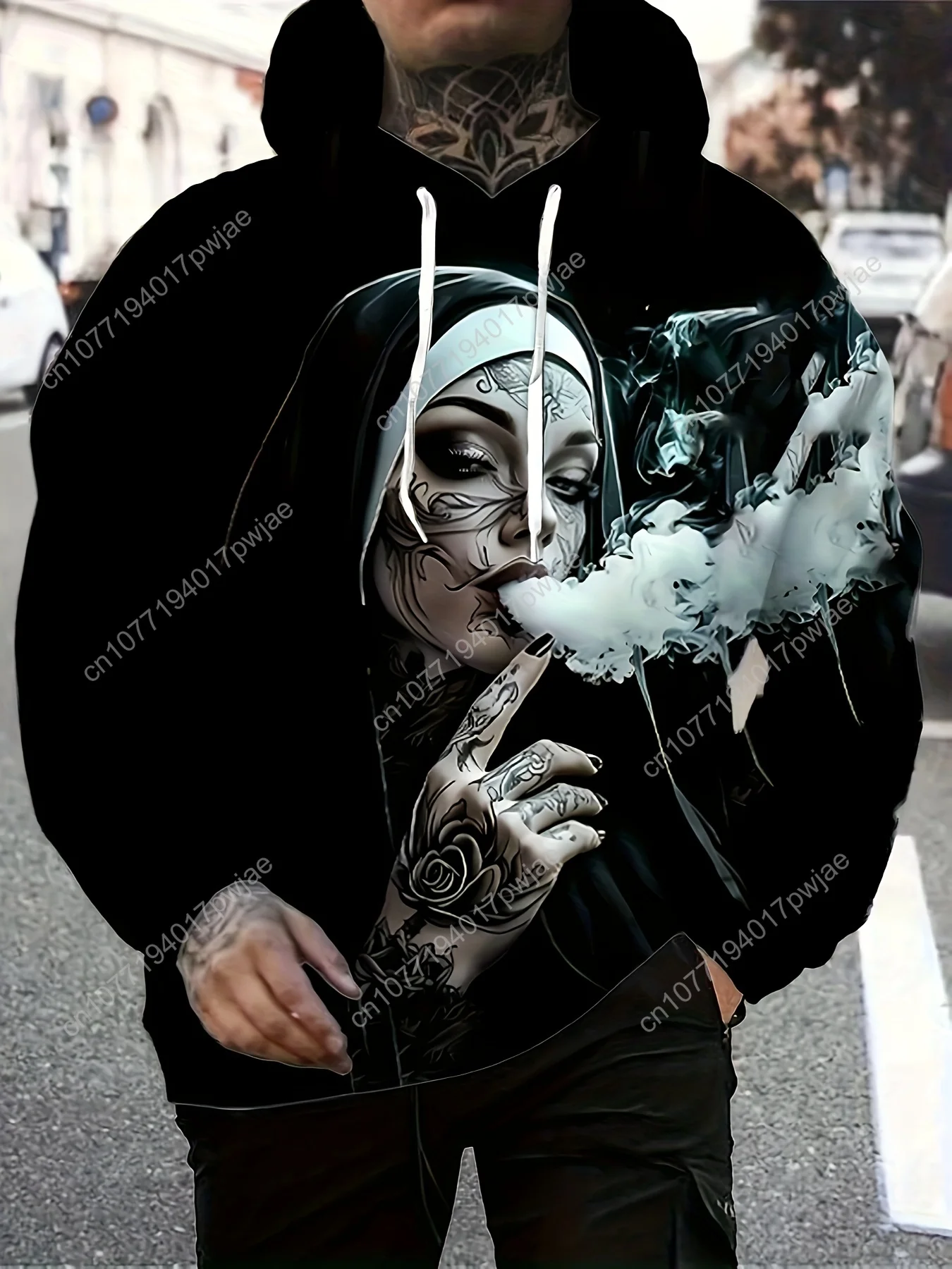 Sudadera con capucha gráfica 3D para hombre, color negro con diseño de tatuaje y cigarrillo blanco, sudadera informal, ajuste regular cómodo para Ca