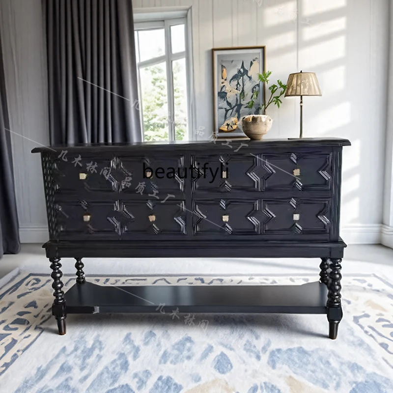 

French Retro Entryway Cabinet Black Vintage Living Room Hallway Decorative Cabinet American Light Luxury Storage Cabinet
