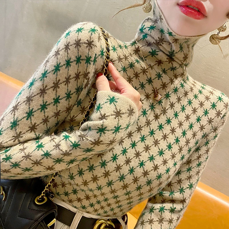 

Autumn Winter New High End Jacquard Sweaters Women Clothing Vintage Elegant Knit Pullovers Elastic Slim Wool Turtleneck Jumper