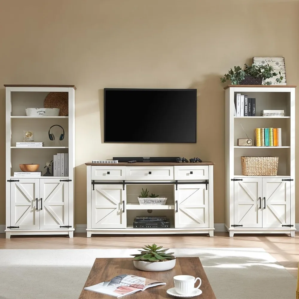 

TV Stand with Set of 2 Bookcases, Farmhouse Entertainment Center for 65 Inch Television with Sliding Barn Doors.