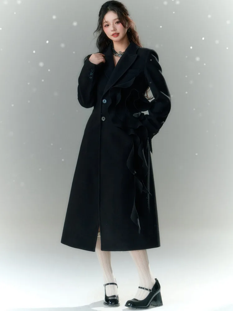 DEAT Fashion Women\'s Appliques Woolen Coat Lapel Single Breasted Long Sleeves Angola Red Blebds Overcoat Winter 2024 New 3WM2155