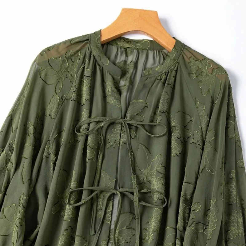 Birdtree, 100% Silk Sheer Blouse, O-neck Lantern Sleeve Cardigan, Women Cutwork Voile Bow Sun Protection Tops, 2026 New T66211JF