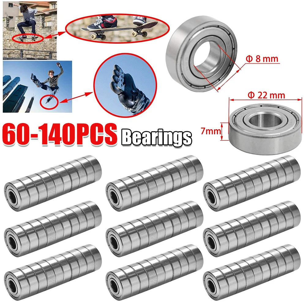 60-140PCS 608ZZ Ball Bearings Carbon Steel Single Row 8x22x7mm ABEC-7 Deep Groove Miniature Bearings for Skateboard Scooter