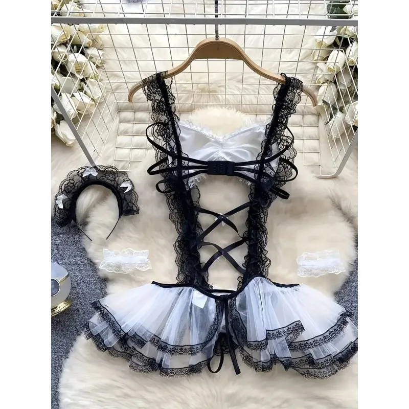 Disfraz de sirvienta traviesa para mujer, traje de juego de rol, lencería Sexy con lazo, decoración de encaje, vestido con tirantes, ropa interior Cosplay
