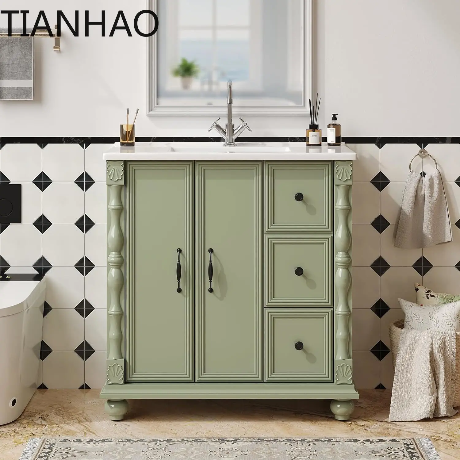 Modern Freestanding Vanity Cabinet with Adjustable Shelf 2 Drawers 2 Doors Ceramic Top for Bathroom Remodeling Storage
