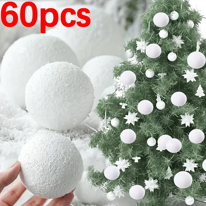 60/6PCS White Foam Snowballs Christmas Tree Hanging Pendant Artificial Fake Snow Ball Ornaments New Year Party Decoration Supply