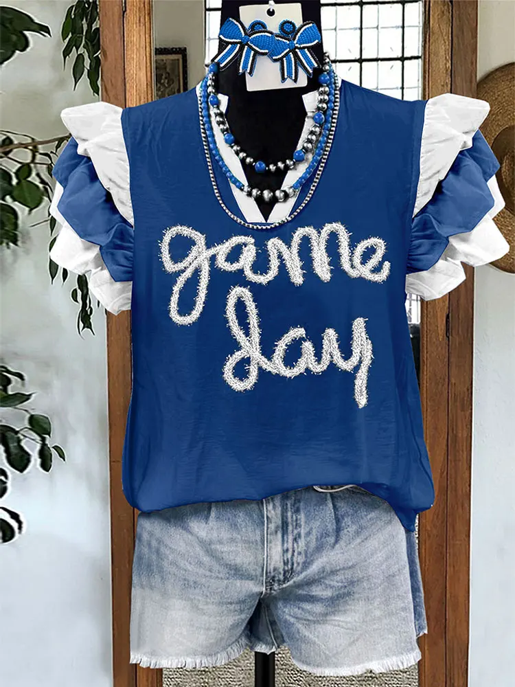 

Casual Gameday Letter Stripe Print Top Ruffled Blouse