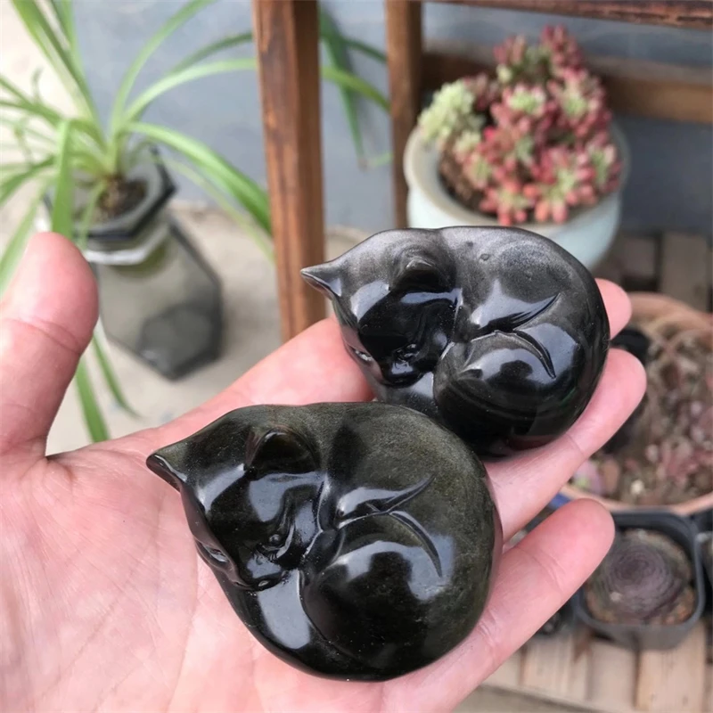 1pcs Natural Hand Carved Gold Obsidian and Silver Obsidian Sleeping Cat Quartz Crystal Skull Healing Home Decoration Gift