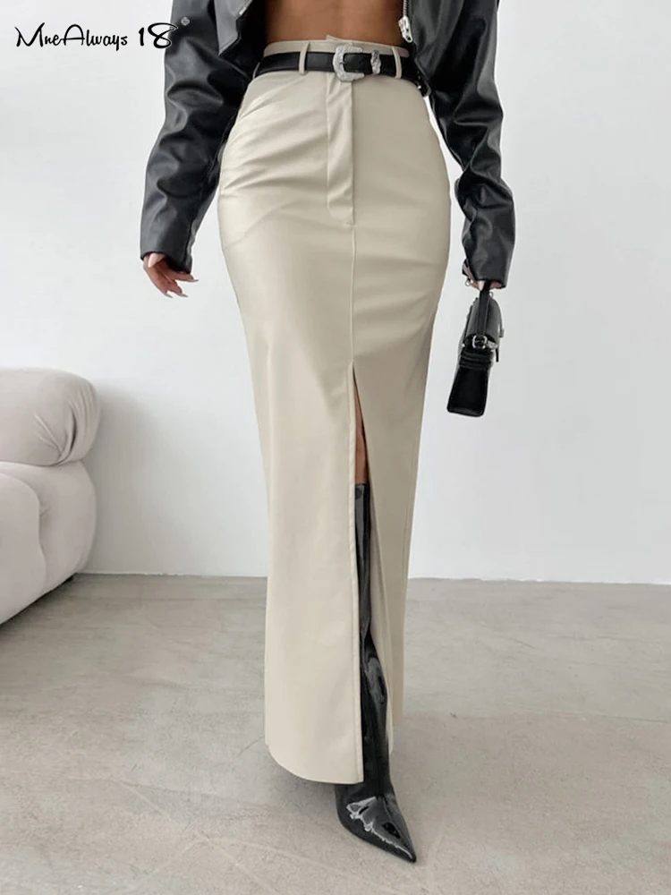 Mnealways18 Beige Faux Leather Split Skirts Women High Waist Warm PU Long Skirts Autumn Winter 2024 Office Ladies Black Skirts