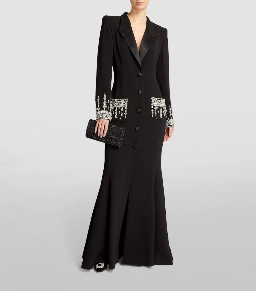 Pandora Robe de soirée formelle noire pour femme avec col en V Cristal à manches longues en satin longueur au sol Robe de soirée de mariage sirène pour banquet