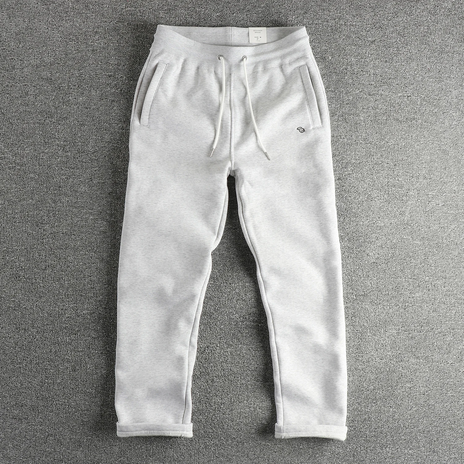 2025 Winter New American Retro Thickened Velvet Embroidery Sweatpants Men's Simple Drawstring Sports Casual Ankle-tied Pants