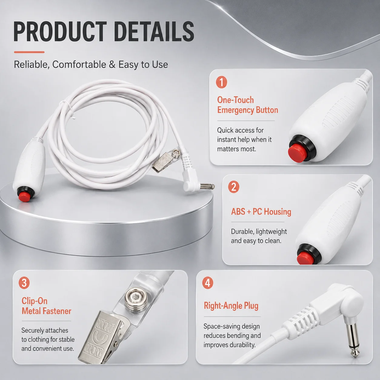 Single Button Nurse Call Cord 3M Emergency Patient Call Button Cable with Clip 8 Pin Connector for Hospital Home Care
