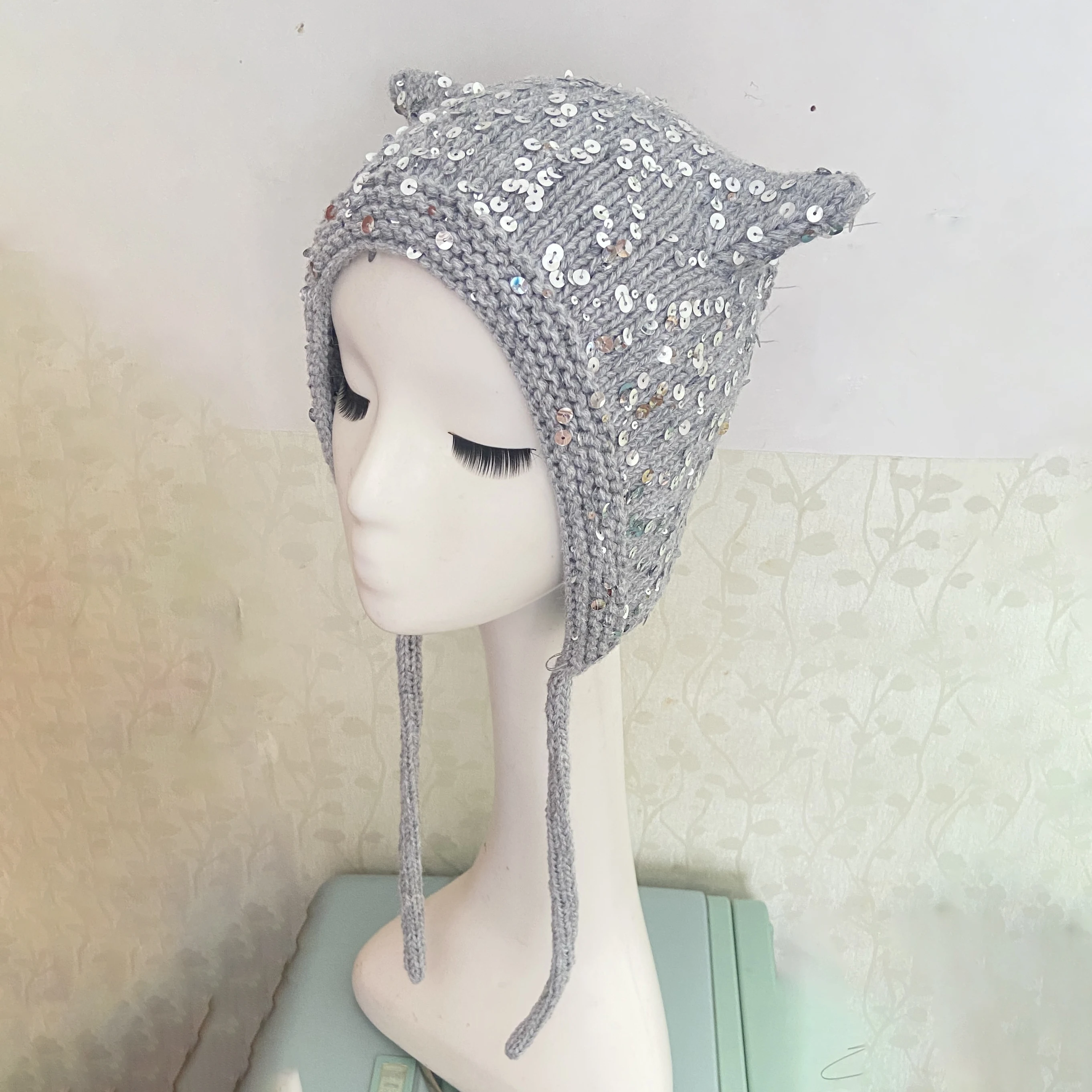 Y2K Sequin Devil Horn Knit Hat Women Winter Ear Flap Beanie Hat With Strap Gothic Cat Ear Warm Knitted Bonnet Streetwear