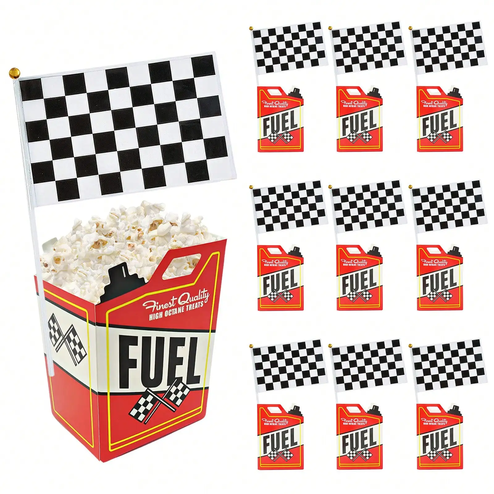 Novedad, 6/12 Uds., cajas de palomitas de maíz para coche de carreras con banderas, bandera de carreras en blanco y negro para decoración de fiesta de cumpleaños con tema de coche de carreras