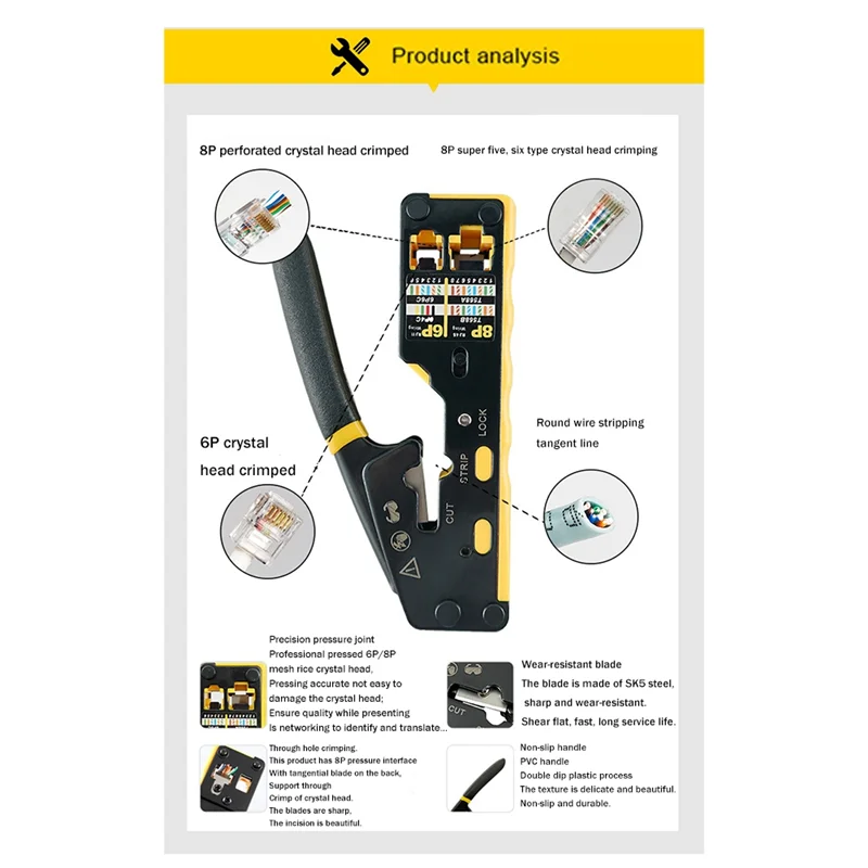 RJ45 Pass Through Crimp Tool for Cat5 Cat6 Modular Connector Ethernet Crimp Tool 8P 6P Pass Through Ethernet Crimper