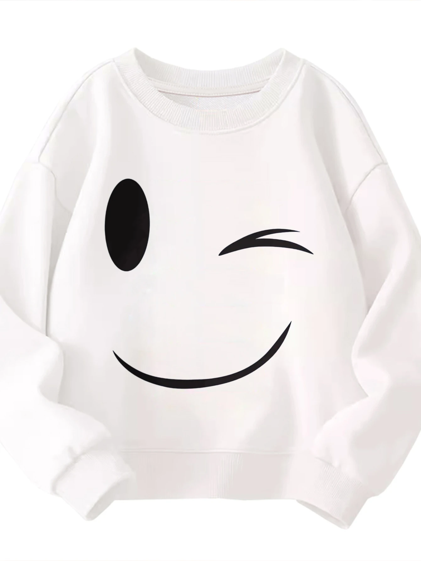 

Kids Crew Neck Sweatshirt Wink Smile Face Simple Cute Design Boys Girls Graphic White Pullover For Cheerful Outfits