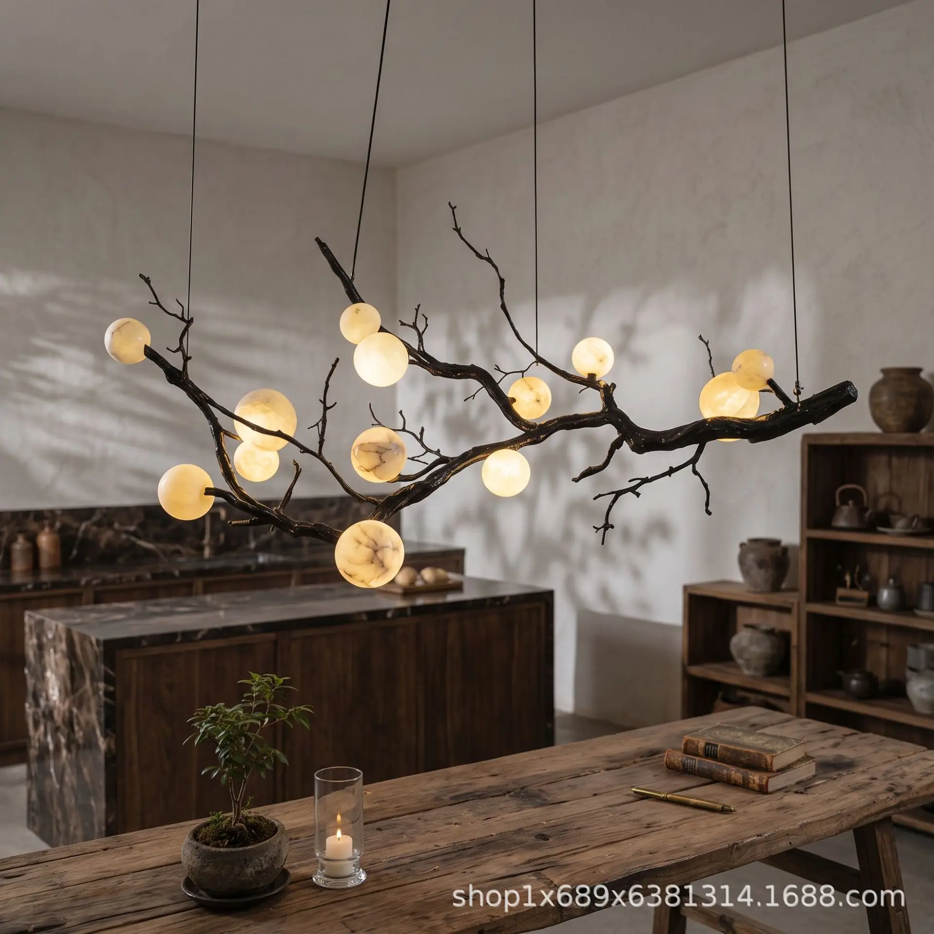 Tree branch natural marble all copper long chandelier hotel lobby lighting
