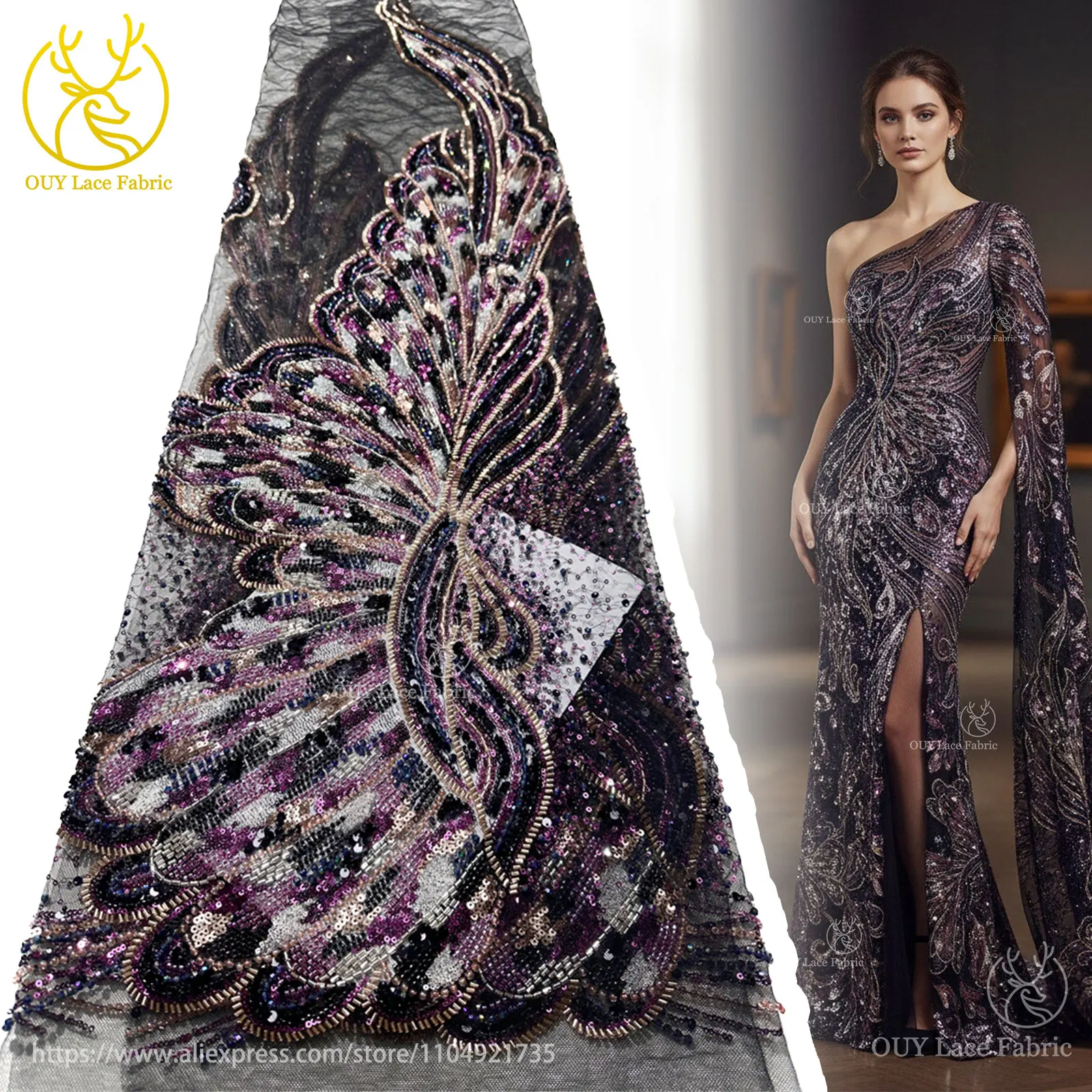 Luxus kostbare französische handgemachte schwere Perlen Spitze Stoff High-End heiße afrikanische nigerianische Pailletten Spitze Damen Dinner Party Kleider – Detail 4