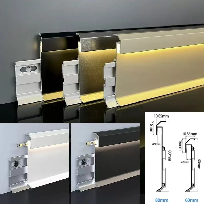 H6/8Cm Surface Mounted Baseboard Aluminum Profile Hidden Lighting Concealed Led Skirting Backlight Stair Corner Bar Strip Light