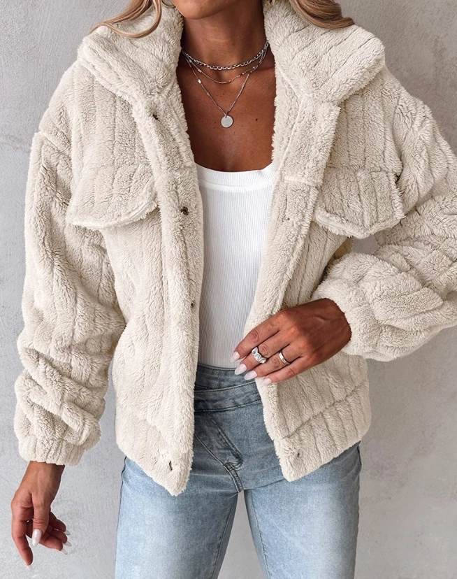 

Jackets for Women 2023 Winter New Fashion Casual Plush Warm Solid Turn Down Collar Buttoned Teddy Jacket Female Outerwear Tops