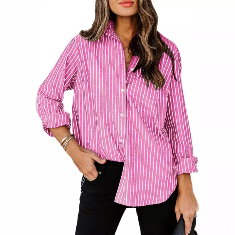 2025 Women's New Fashionable Casual Striped Long Sleeve Button Shirt for Commuting and Vacation Sunscreen T Shirt  Camisetas