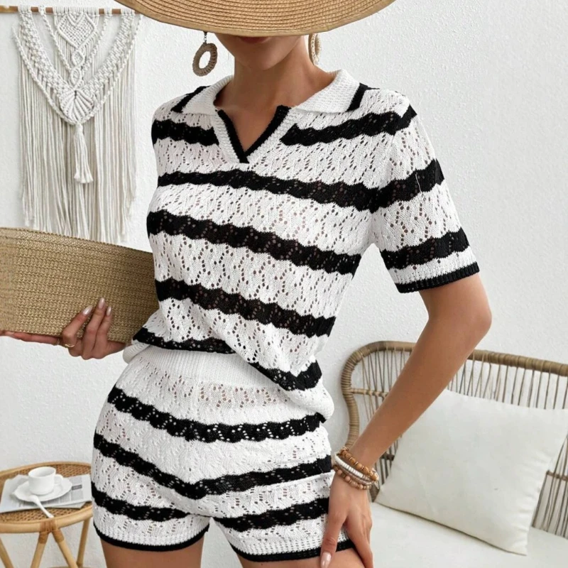 

2026 Summer New Knitted Stripe Color blocked POLO Collar Short Sleeve Top and Shorts Two Piece Set for Women