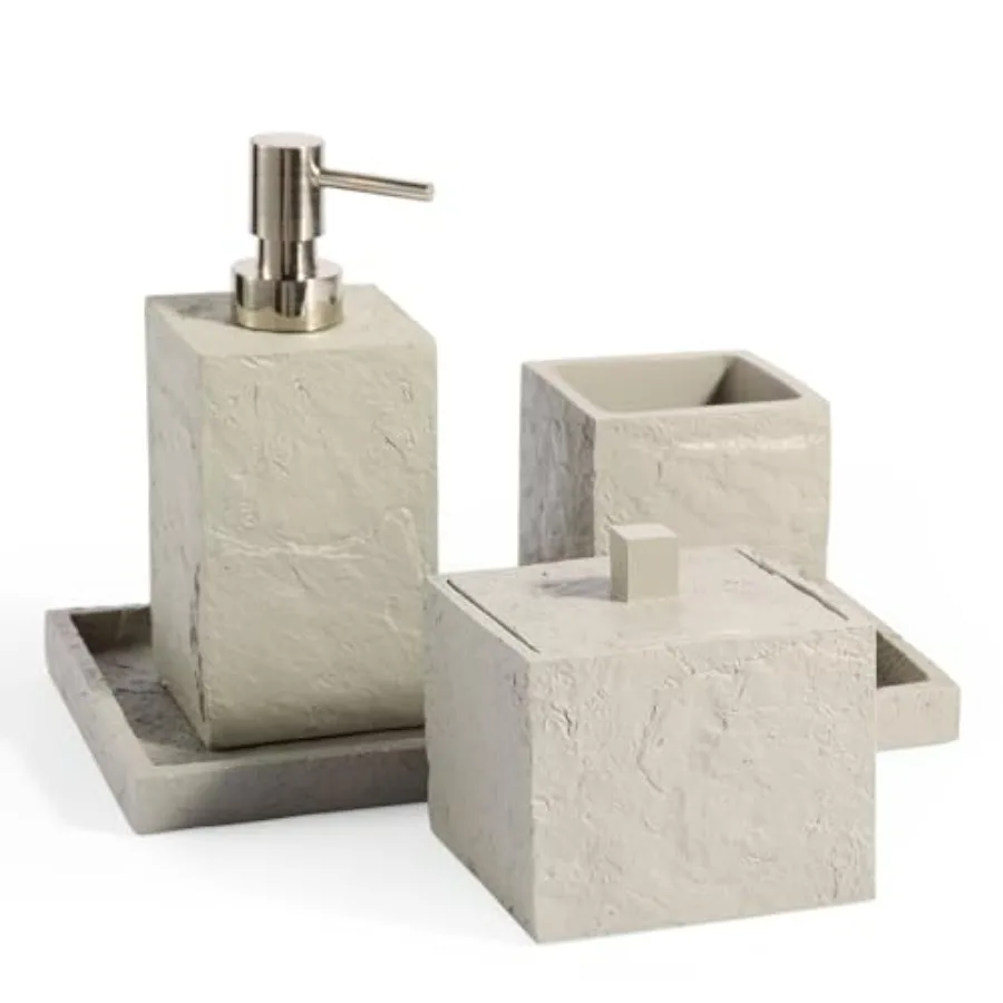 

Faux Rock Pattern Bathroom Accessory Set 4 Pieces Lotion Dispenser Tumbler Q-tip Holder Vanity Tray Grey