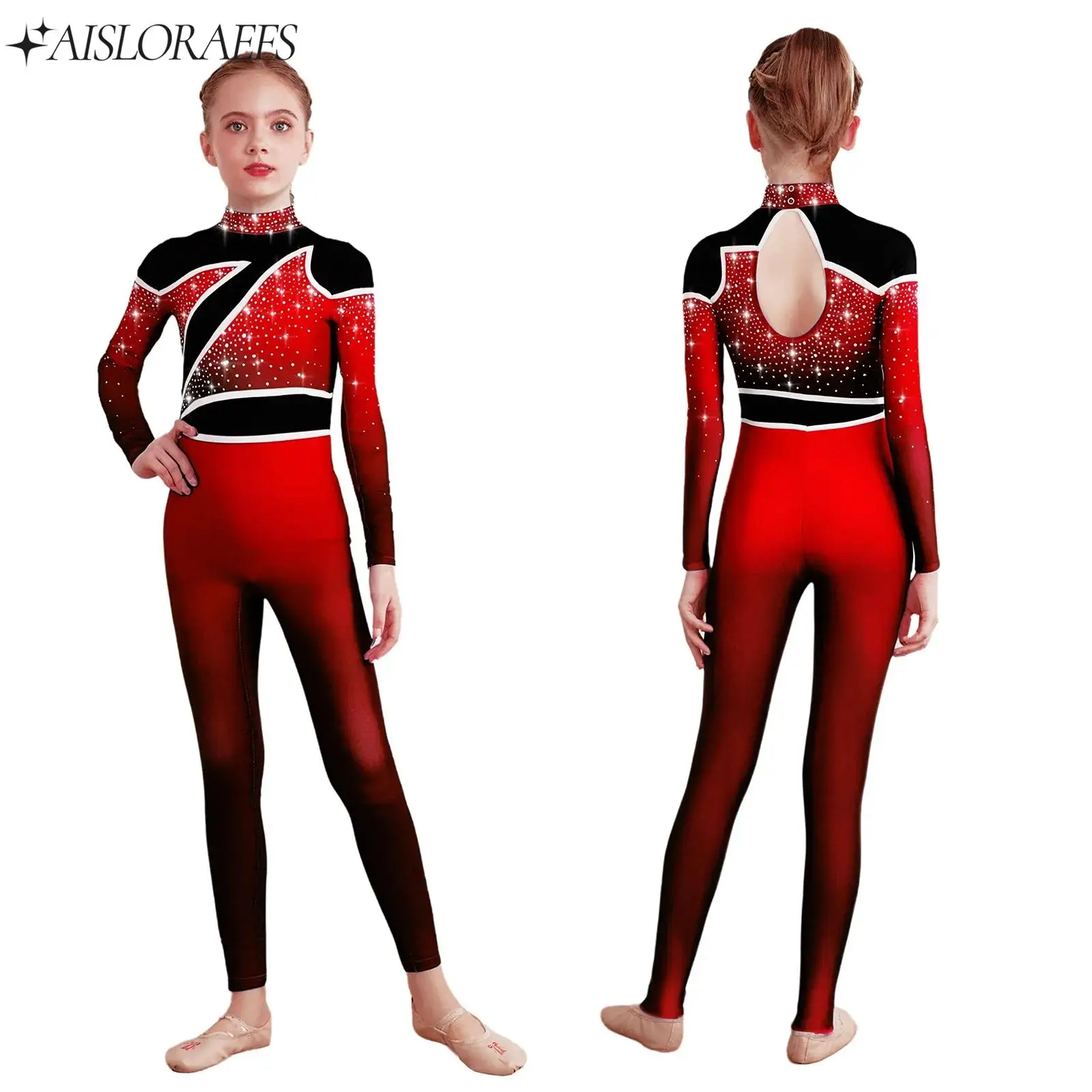 

Kids Girl Rhythmic Gymnastics Costume Rhinestones Long Sleeve Keyhole Back Jumpsuit Bodysuit Figure Skating Ballet Dance Costume