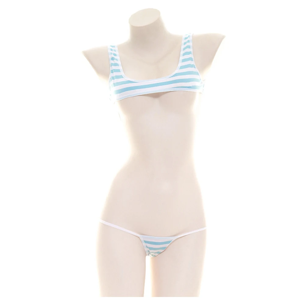 Blue White Stripe Bikini Swimsuit Underwear Vacation Daily Moderate Elasticity Polyester Fabric Regular Length