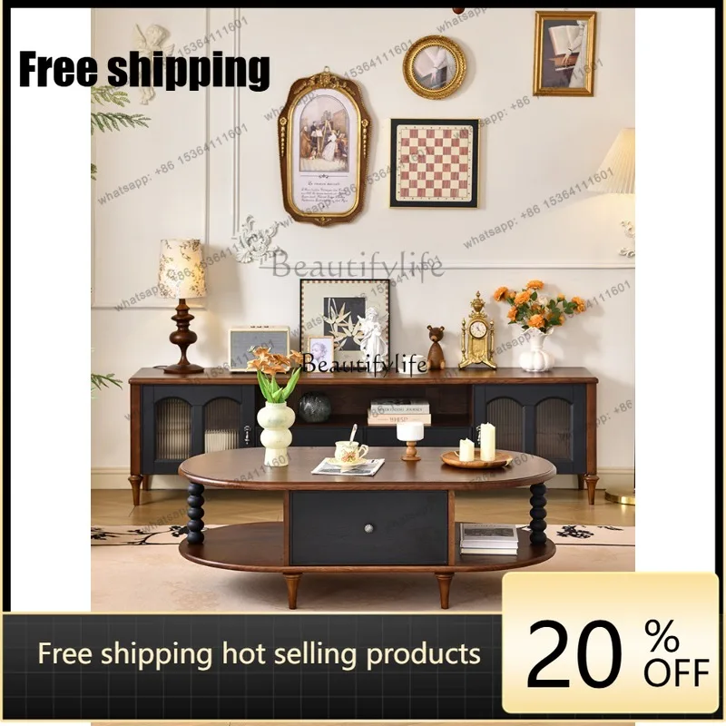 JJ French retro solid wood coffee table movable small apartment living room coffee table medieval furniture