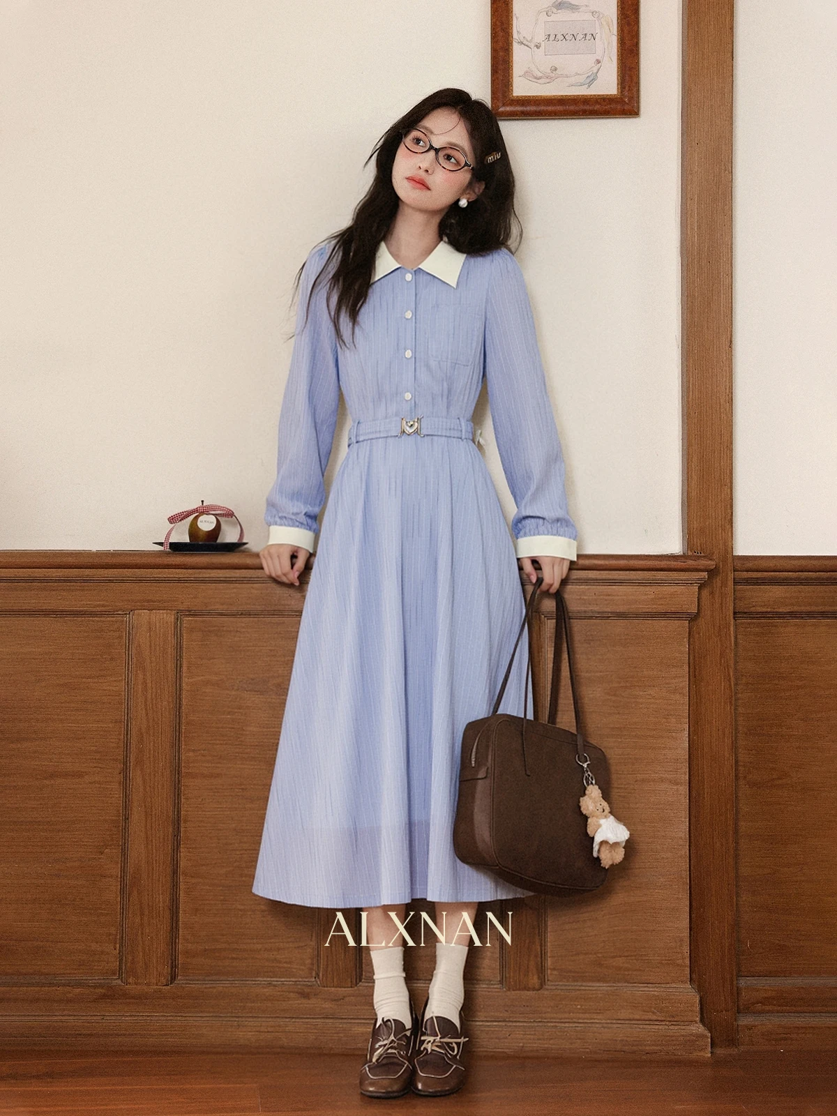 

Синее женское платье с высокой талией, приталенное, с длинным рукавом и воротником, осеннее, новое, повседневное, из хлопка