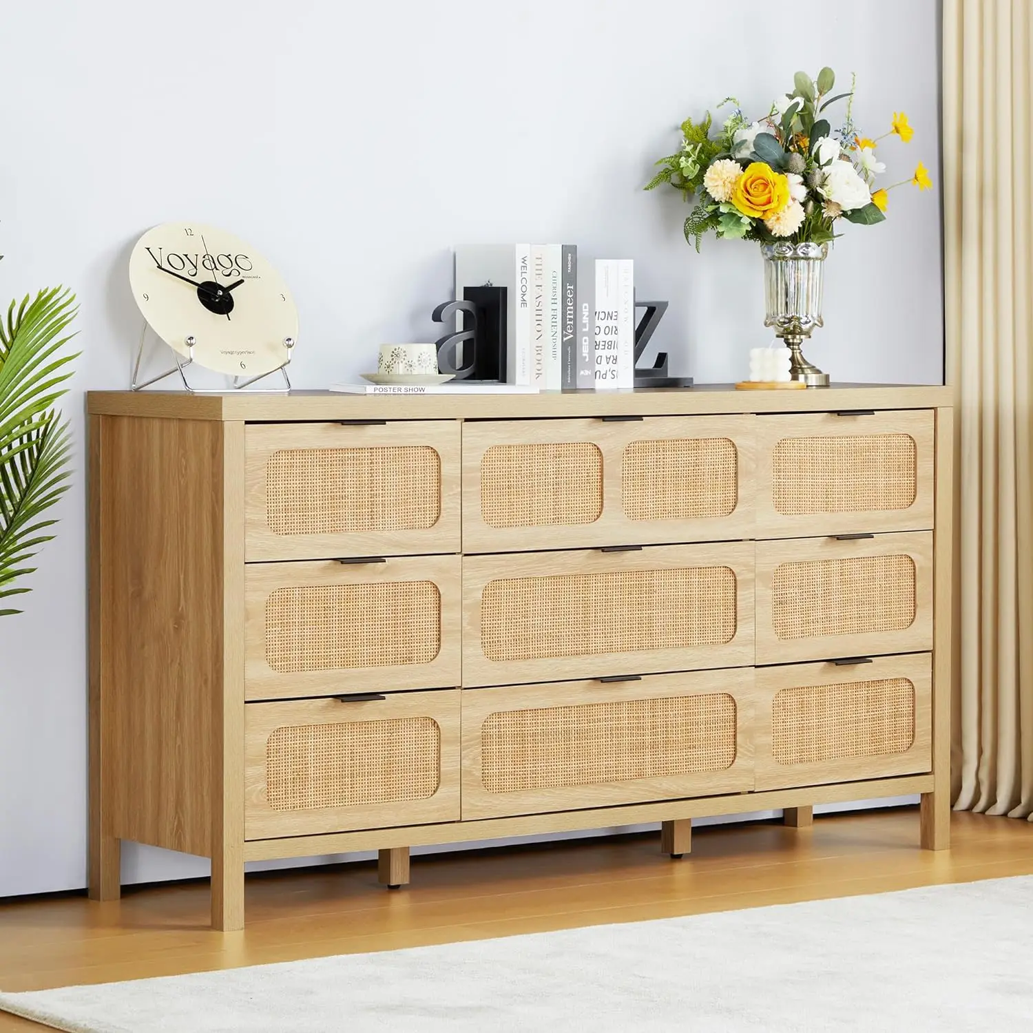 Levnary 9 Drawer Dresser For Bedroom, Rattan Dressers & Chest Of Drawers, Large 58