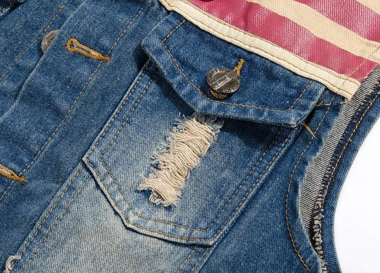 Herrenbekleidung Denim-Weste Herren Cowboy Zerrissene Ärmellose Vintage-Jacke Tanktop Frühling USA-Flagge Gewaschene Jeans-Weste Übergröße 5XL – Detail 4