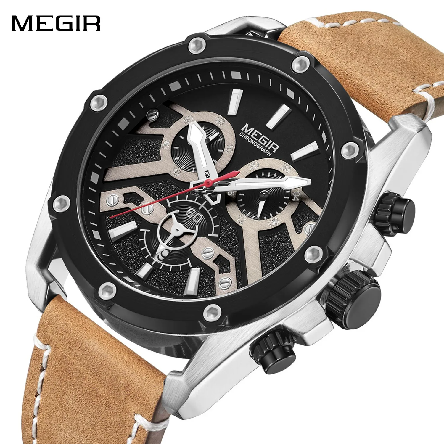 

MEGIR мужские кварцевые часы роскошные военные спортивные часы кожаные повседневные мужские наручные часы с хронографом ​ Водонепроницаемые часы с датой 2120.