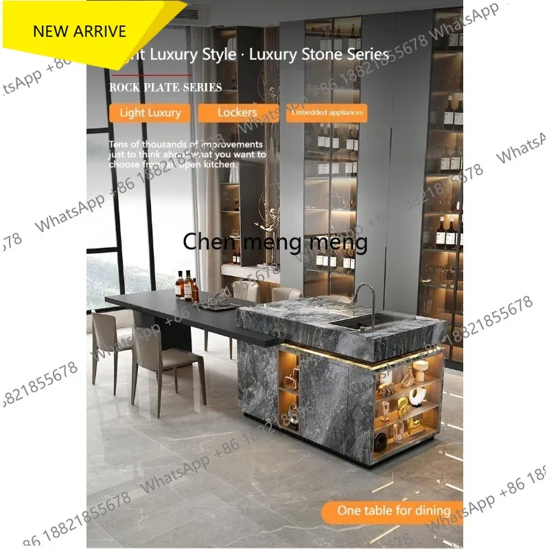 G153 Luxury Kitchen Island with Sink - Custom Waterfall Edge Marble Countertop, Ready-to-Install Dining Set for Spacious Homes