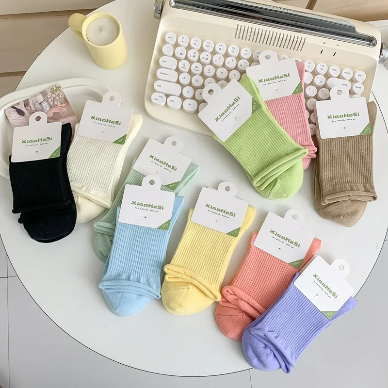 Candy Colored Rolled Edge Socks for Women's Mesh Thin Cotton Breathable Mid Tube Casual Socks