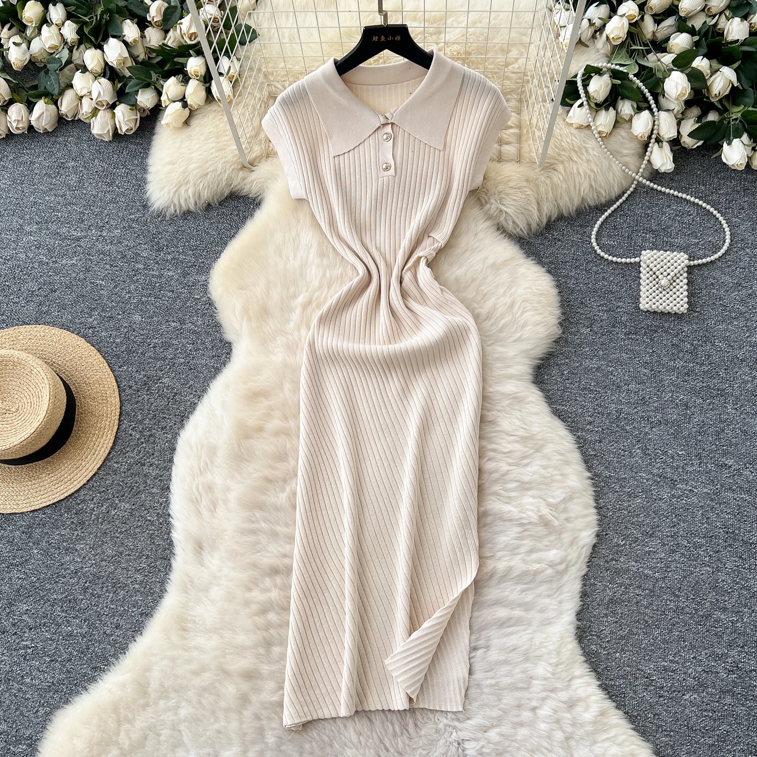 Schickes Vintage-Kurzarm-Strickknopf, schlank, elegante Fee, koreanische Mode, Boho-Sommerkleid, Damenbekleidung, langes Kleid