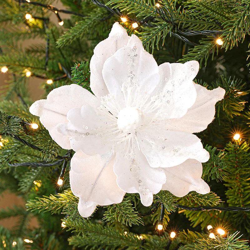 Flores de simulación navideña, flores artificiales con purpurina, adornos para árboles de Navidad, decoración navideña, Feliz Año Nuevo