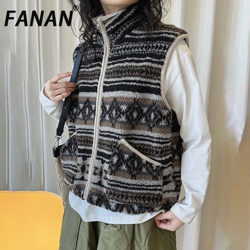 

FANAN винтажный жилет контрастного цвета для женщин, теплые толстые теплые куртки без рукавов из овечьей шерсти, женские топы, новинка зимы 2023 г.