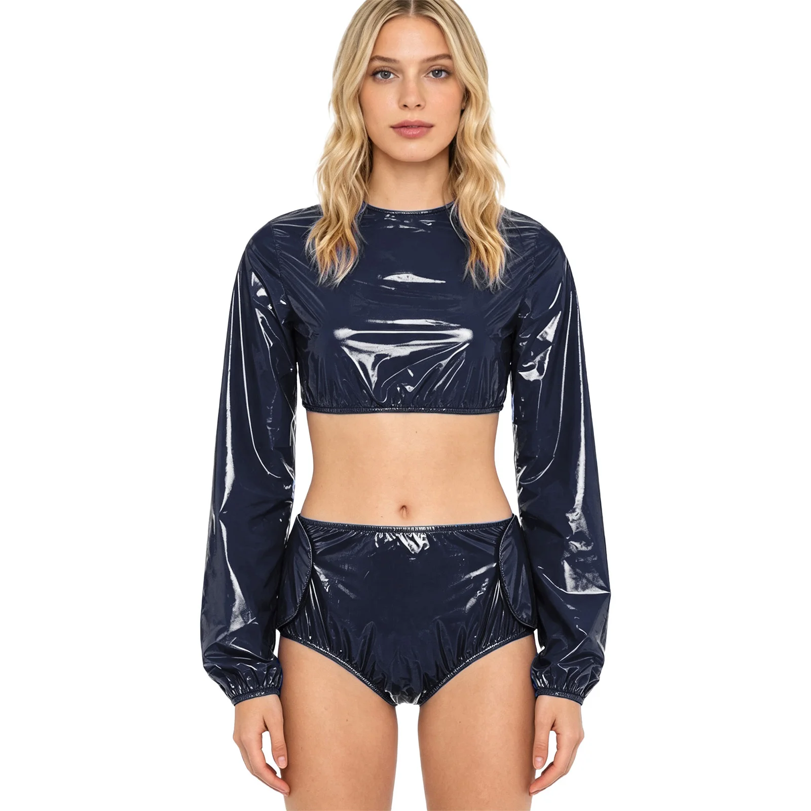 Womens Waterproof Vinyl Sets Long Sleeve Crop Top and Side Hook-loop Fastener Diaper Cover Shorts Sweat Outfit Adaptive Wear